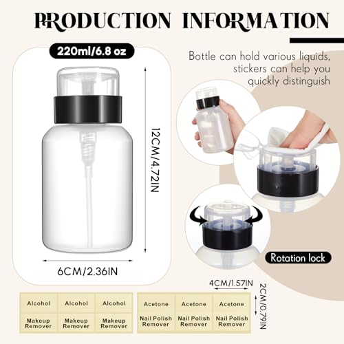 Layhit 12 Pack 6.8 oz (200ml) Push Down Lockable Pump Dispenser Bottle with Stickers, Alcohol Push Down Empty Refillable Container for Nail Polish Remover, Alcohol & Makeup Remover (Black Top Cap)