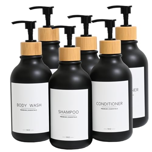 Shampoo and Conditioner Frosted Bottles Bamboo Pump, Refillable Shampoo Empty Bottles for Lotion Oil Shower Soap Dispenser (6p-Black)