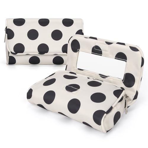Women¡¯s Cute Nylon Makeup Bag with Built-in Mirror, Protable Lightweight Cosmetic Bag, Trendy Toiletry Bag for Travel