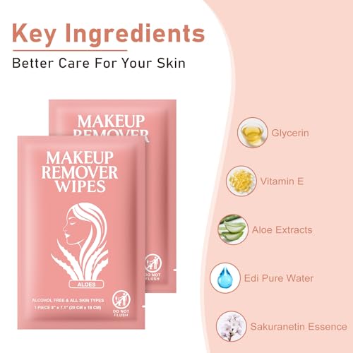 Makeup Remover Wipes Individually Wrapped Facial Cleansing Towelettes Bulk, Disposable Cleanser Makeup Removal Cloths Pads for Oil Dirt Skin Care Removing Mascara Lipstick Travel Hotel Aloes £¨50 Pack)