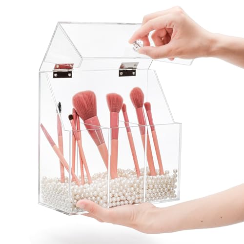 Okllen Makeup Brush Holder with Dustproof Lid, White Pearls, Acrylic Clear Makeup Brush Organizer with 3 Compartment, Large Cosmetic Brush Storage Box Case for Vanity, Bathroom, Bedroom