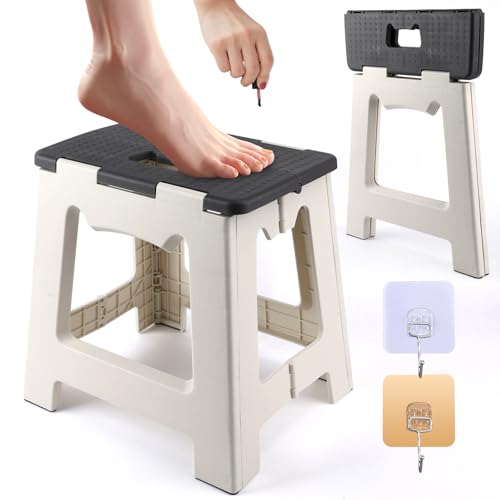 Shower Stool for Shaving Legs, Foot Rest Folding Stool Step with 2 Hooks, Foldable Waterproof Plastic Corner Shower Foot Rest for Pedicure Shave Legs (Gray)
