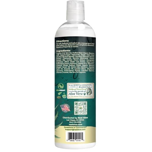 Real Aloe Aloe Vera Lotion (16 fl oz) | Organic Aloe for Face, Body & Hands | Lightweight, Fast-Absorbing Moisturizer | Non-Greasy Hydration for Dry & Sensitive Skin | Made in USA