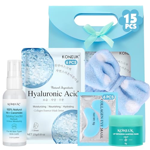 15 PACK Skincare Set with Facial Masks, Under Eye Patches, Face Mist, Lip Mask, Headband, Skin Care for Women, Travel Kit & Birtuday Gifts, Skin Care Gifts for Teens Girls, Mini Gifts Kit for Momen