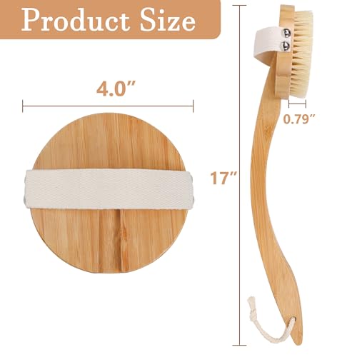 OWIIZI Dry Brushing Body Brush for Back, Detachable Round Head Bristle Large Area Body Brushes for Lymphatic Drainage, Bamboo Curved Long Handle Skin Exfoliator For Men Women Elders Dry Use