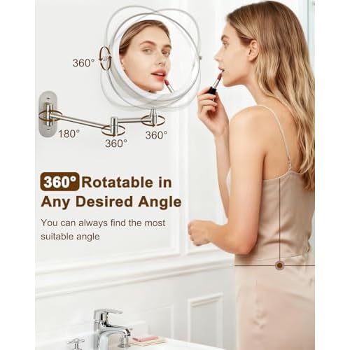 DECLUTTR 9" Wall Mounted Lighted Makeup Mirror, Rechargeable 1X/20X Magnifying Mirror with Light Double Sided, Touch Dimmable 3 Color Light, 360 Rotation Vanity Mirror