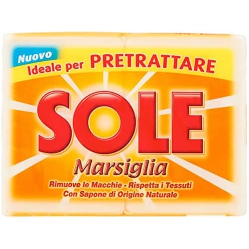 Sole:"Sole Marsiglia" Marseille Laundry Soap for Pre-Treating 8.8 Ounce (250gr) Soaps (Pack of 4) [ Italian Import ]