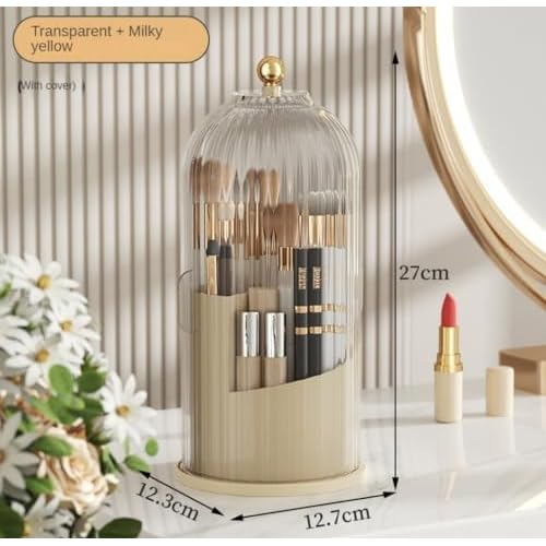 Rotating Makeup Brush Holder with Clear Lid ? 360¡Æ Makeup Brush Organizer for All Brush Sizes, Durable Dustproof Storage Stand with Large Capacity, Easy to Clean, No Assembly (Milk yellow/transparent)