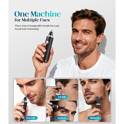 Nose & Ear Hair Trimmer, Type-C Rechargeable Precision Groomer for Men & Women, Painless Double-Edged Blades, IPX7 Waterproof & Easy to Clean for Nose, Ears, and Facial Hair