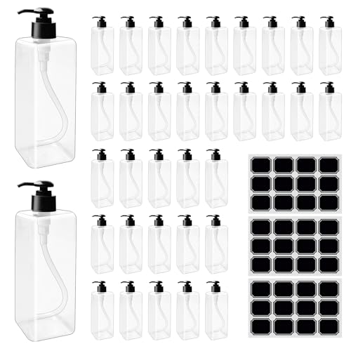 35 Pcs 16 oz Empty Plastic Pump Bottles Black Pumps with 3 Labels Refillable Lotion Shampoo Containers Clear Square Lotion Dispenser for Liquid Soap, Massage Oil, and Face Cream