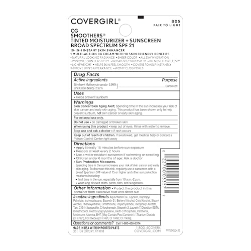COVERGIRL Smoothers Lightweight BB Cream,Fair to Light 805,1.35 oz (Packaging May Vary) Lightweight Hydrating 10-In-1 Skin Enhancer with SPF 21 UV Protection,(Pack of 2)