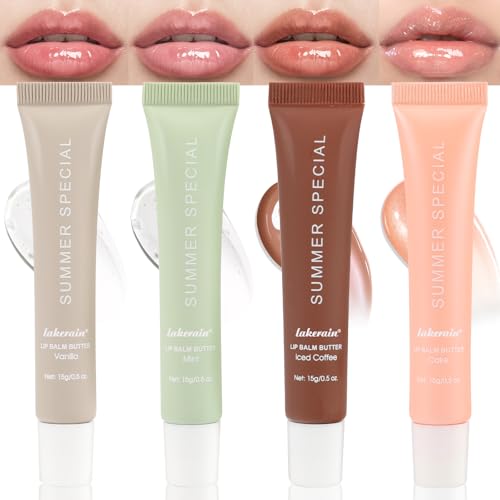 4PCS Summer Butter Lip Balm, Hydrating & Moisturizing & Non-Greasy Long-lasting Nourishing Glossy Sheer Tinted Lip Balm with Natural Oils & Fruit Extracts, Softens & Soothes Dry Lips (01#+02#+03#+04#)