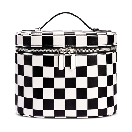 Makeup Bag, Checkered Makeup Bag with Compartments and Handle, Portable Cosmetic Organizer Bags,Toiletry Bag for Women