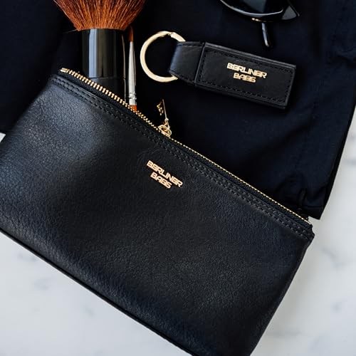 BERLINER BAGS Genuine Leather Makeup Bag Anna, Cosmetic Bag for Purse, Travel and Cosmetics Pouch with Zipper for Women (Black/Gold, XS)
