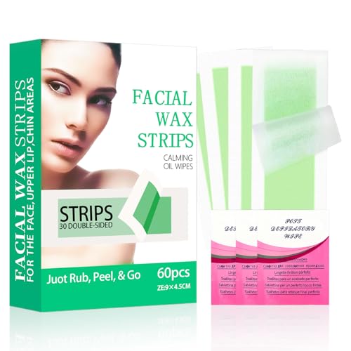 Facial Wax Strips for Hair Removal, Wax Strips for Face, 60PCS Hair Removal Waxing + 3 Calming Oil Wipe, Upper Lip, Chin, Eyebrow, Armpit, Bikini Line, Face Waxing Kit for Women, Long-Lasting Results