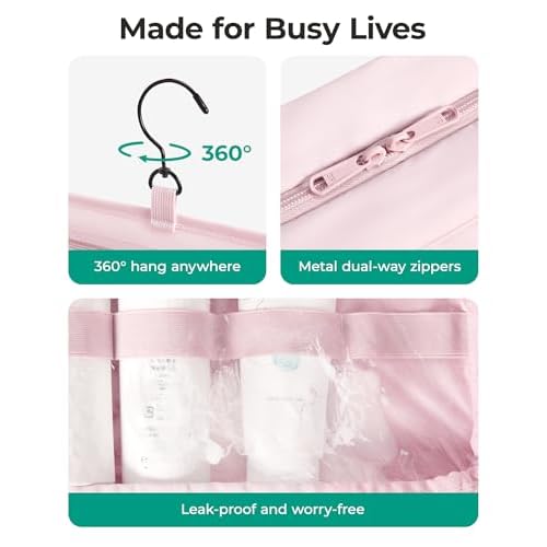BAGSMART Travel Toiletry Bag for women, Portable Hanging Hook Makeup Bag Organizer, Waterproof Makeup Cosmetic Bag, for Full-Size Accessories, Toiletries, Pink