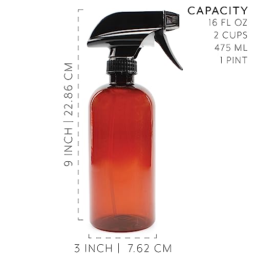 Cornucopia Brands 16oz Amber PLASTIC Spray Bottles w/Heavy Duty Mist & Stream Sprayers & Chalkboard Labels (6-pack); PET #1 Plastic Bottles, BPA-Free
