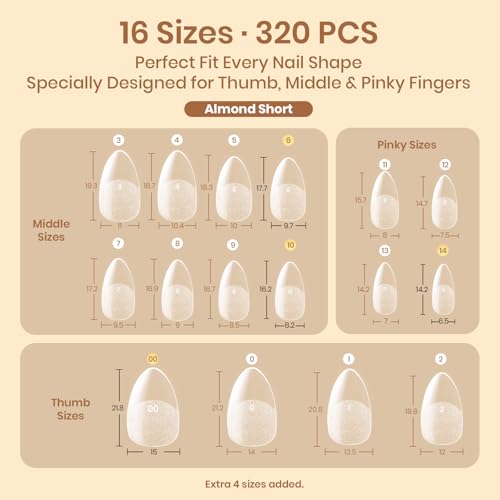Beetles Flat-X Gel Nail Tips - Short Almond Press-On Nails 16 Sizes 320 pcs | Pre-Etched Half-Matte Full-Cover Soft Gel Tips Fake Nail for Flat & Natural Nail Beds - Easy DIY Salon