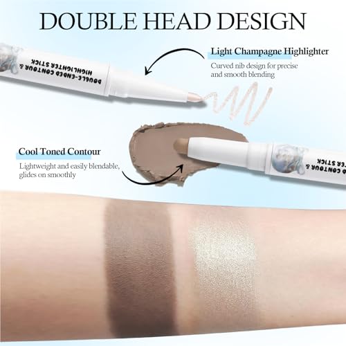 Dual Ended Cool Toned Contour&Champagne Shimmer Highlighter Stick, Cold Grey Creamy Long Lasting Bronzer&Brightener Pen, Blendable Smooth Nose Contouring Stick for Pale Fair Skin Facial Makeup