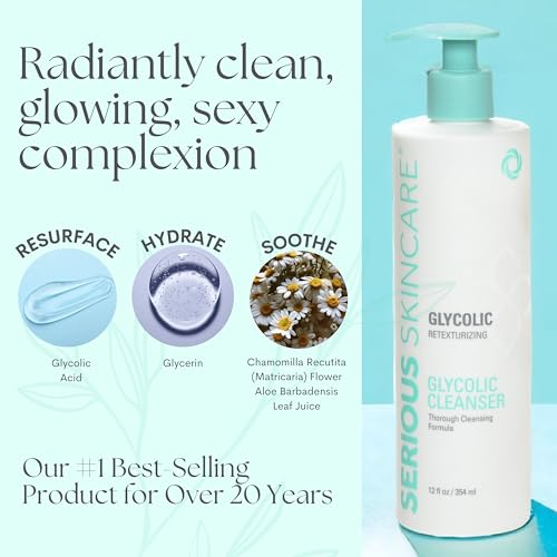 Serious Skincare Glycolic Acid Face Wash Cleanser 12 oz. + Ultrasonic Facial Cleansing Brush Tool for Women & Men, Gentle, Creamy, Oil Free + Skin Retexturizing Formula, Makeup +Blackhead Remover