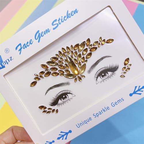 face jewels for makeup Festival Wedding Face Gems Temporary Tattoos mermaid halloween Bindi Fusion Headpiece Body Jewellery bindi face jewel(Topaz gold/SR16)