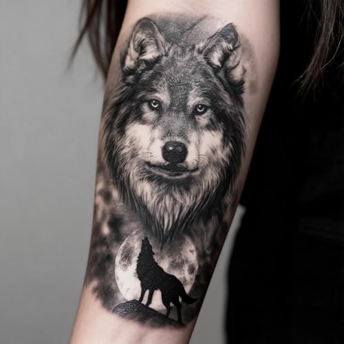 2 Sheets Realistic Animal Temporary Tattoos Stickers Moon Roar Wolf Designs For Men Waterproof Arm Leg Fake Body Art, Gym & Parties Bold Masculine Decals