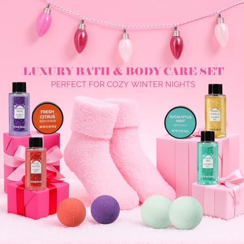 Christams Advent Calnedar, Pink Mom Gift for Hoilday, Beauty Advent Calendar for Daughter Girls, Christmas 24Day Countdown Calendar, Bath Set with Bath Bomb Hand Cream Body Lotion Christmas Sock