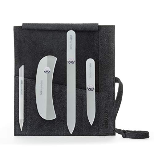 GERMANIKURE Gray Crystal Glass Nail File Set in Black Suede Case ? Handmade in Czech Republic ? Professional Manicure & Pedicure Supplies ? Glass Cuticle Stick, Pusher, Moon File