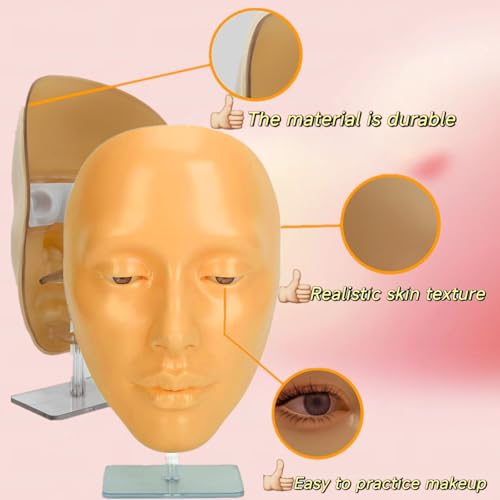 Makeup Practice Face Board,XIJIEMAO 5D Silicone Makeup Mannequin Face, Reusable Practice Eye Girl Make up Practice Face For Emerging Makeup Artist, Beginners, Girl's Gift (golden wheat)