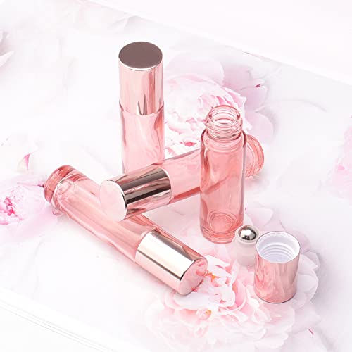 JIUWU 33Pcs Glass Roll on Bottles, 10ml Bright Rose Gold Roller Bottles Vials for Perfumes Aromatherapy Essential Oils Lip Balm Liquid, Accessories include