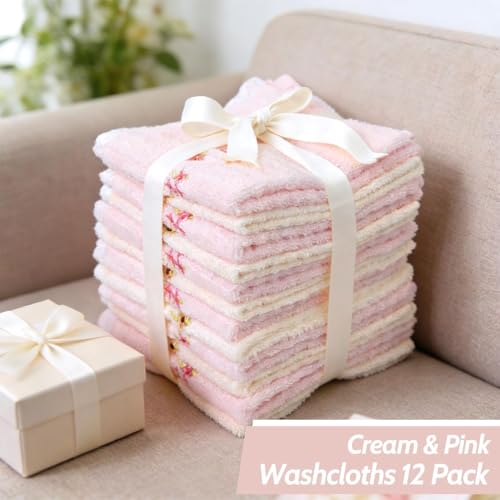 Jacquotha Bathroom Washcloths Face Towels 12 Pack, Floral Embroidered, Cotton, Pink & Cream 13¡± x 13"