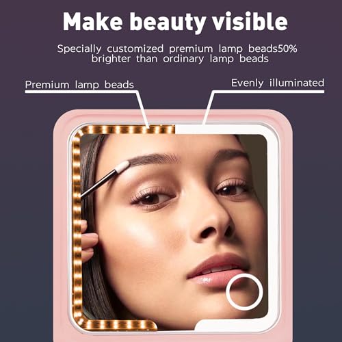 Amysmart Tri-Fold Makeup Mirror with Lights - 10X/5X Magnifying Mirror with Light, Dimmable Handheld Mirror, Compact Mirror, Rechargeable Travel Mirror for Purse & Pocket Use (Pink Tri-Fold)