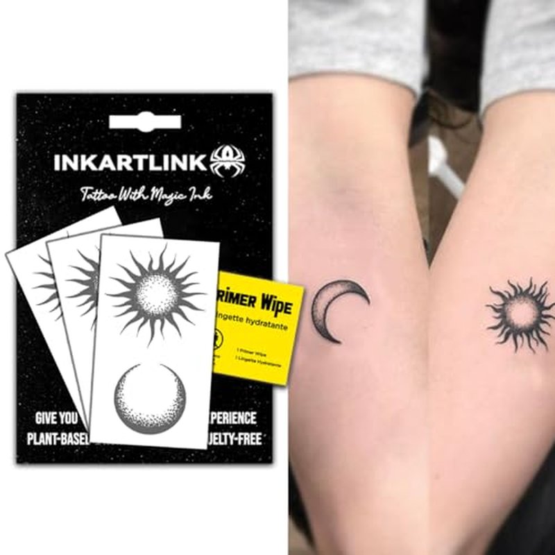 INKARTLINK Semi Permanent Tattoos, 3 Small-sized Temporary Tattoo Stickers for Valentine's Day, Perfect for Couples, Party Favors, Waterproof, Realistic, No Adhesive, Lasts 1-2 Weeks (Sun and Moon)