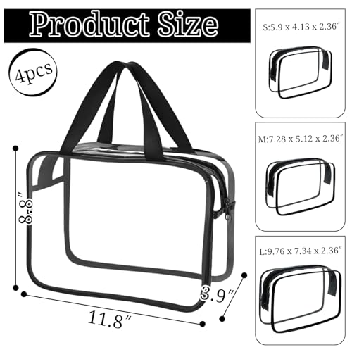 4 Packs Large Clear Comestic Bag, Waterproof Clear Makeup Toiletry Organizer Pouch, Reusable PVC Plastic Storage Bags with Zipper for Travel (4, Black)