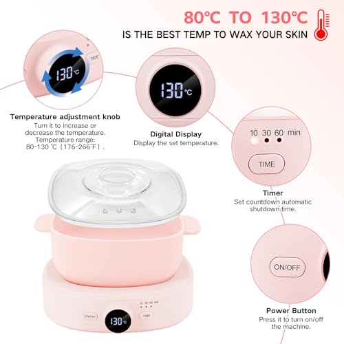 Wax Warmer Hair Removal, Adjustable Temperature, Digital Display Professional Hot Wax Warmer Pot with Silicone Bowl, Timer setting
