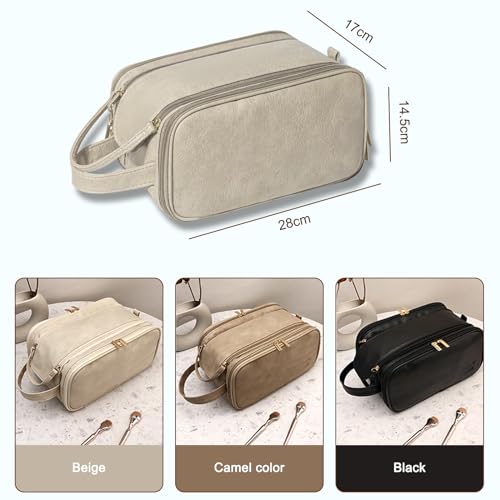 Travel Toiletry Bag for Women Men, Large Travel Toiletry Organizer Makeup Bag, Hanging Cosmetic Bag dopp kit Leather skin care Waterproof Shaving Bag for Toiletries Accessories (beige)