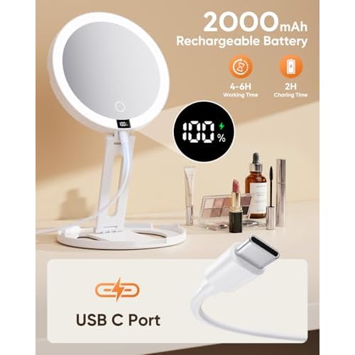 Travel Makeup Mirror with Lights (Gen 3) - 20X/1X Dual Sided Magnifying Mirror with Digital Power Display - Rechargeable, 3 Color Dimmable, CRI 95+ - Portable Folding Design