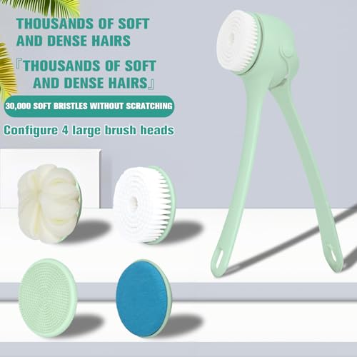 Electric Body Brush Back Scrubber for Shower, Waterproof Long Double-Handled Four-Head Electric Body Scrubber, Rechargeable Bath Brush, for Cleaning, Exfoliation and Skin Massage (Mint Green)