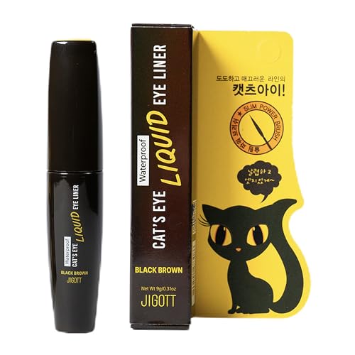 Jigott - Cat's Eye Waterproof Liquid Eyeliner (Black Brown) (0.31floz / 9g) - Korean Beauty Makeup, Smudge-proof, Long-lasting