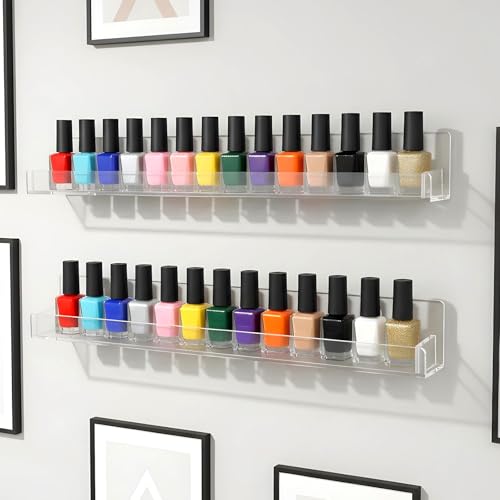 Nail Polish Shelf Wall 15 Inch Acrylic Clear Rack Sunglass Organizer Multi-Purpose Floating Shelves for Beauty Salons Retailer Dressing Room (12 Pcs)