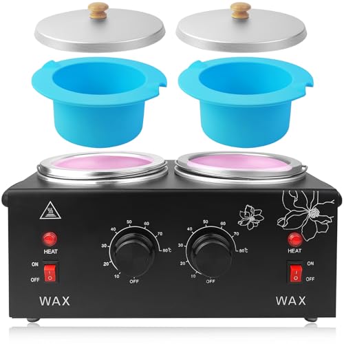 Portable Wax Warmer Machine for Painless Hair Removal, Women Men Professional Wax Heater with Adjustable Temperature Set, 40pcs Sticks, 2 Silicone Bowls (Black - Double Pots)