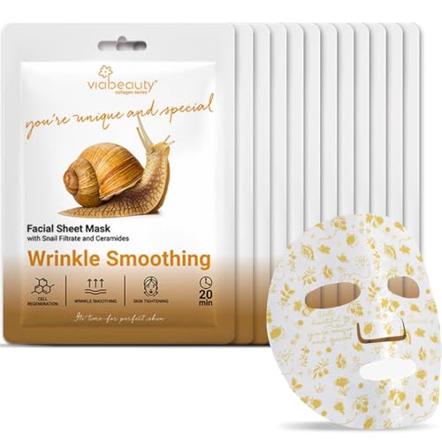 12 Pack of Snail Mucin Mask Collagen Face Mask with Ceramides & Hyaluronic Acid Facial Sheet Mask - Rejuvenating, Deep Hydrating & Moisturizing Face Masks Skincare for All Skin Types