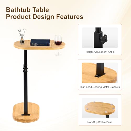 Bamboo Bathtub Side Table, 360¡Æ Swivel Height Adjustable Freestanding Bath Caddy Organizer with 5 Storage Sections, Luxury Home Spa Bathroom Essential (Natural)