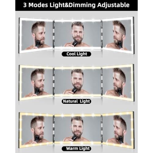 Vanexiss Rechargeable 3 Way Mirror for Self Hair Cutting-to See Back of Head, Trifold Mirror with 8 Light Strips & Telescoping Hooks for Makeup, Shaving & Styling
