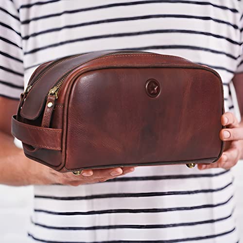 Leather Toiletry Bag for Men | Grooming Travel Kit | With Waterproof Lining | By Aaron Leather (Dark Brown)