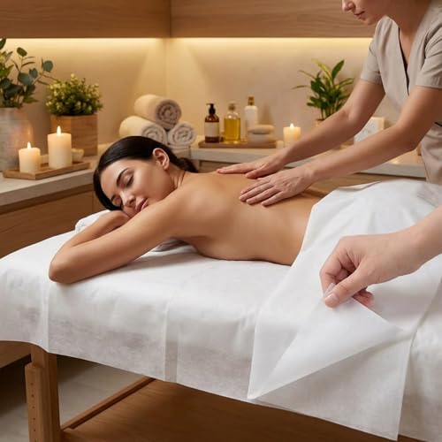 100PCS Disposable Massage Table Sheets, 31.5" x 71" White Non-Woven Bed Sheets, Fluorescent Agent Free, Soft & Tear-Resistant, for Beauty Salon, Spa, Tattoo, Facial, Hospital Exam, Travel