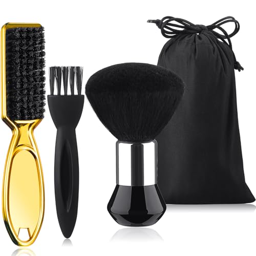 Patelai 3 Pieces Neck Duster Brush Barber Hair Blade Clipper Soft Nylon Trimmer Shaver Razor Cleaning with Storage Bag for Hair Styling(Gold)