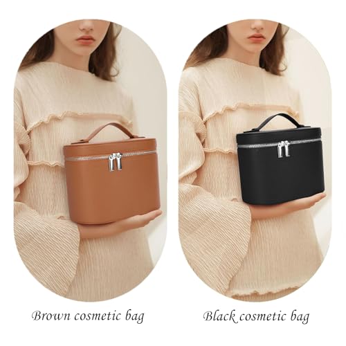 Leather Make Up Bags With Compartments, Brown travel Cosmetic Bags for Women, Parallel Makeup Travel Bags Organizer Equipped With a Detachable Divider