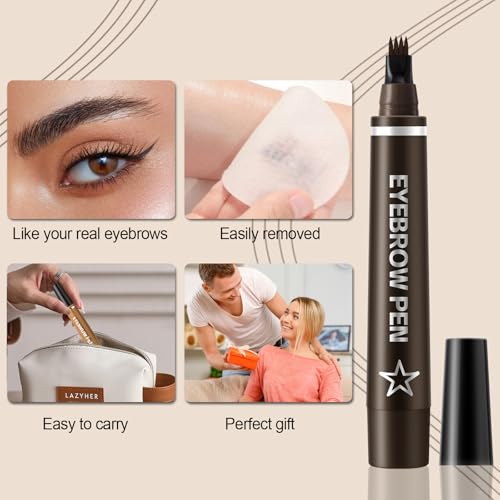Microblading Eyebrow Pen,Waterproof Eyebrow Pencil With Micro 4-Fork Tip,Long Lasting Eye Brow Pen & Clear Brow Gel Set,Eye Makeup Pencil for Women,Dark Brown