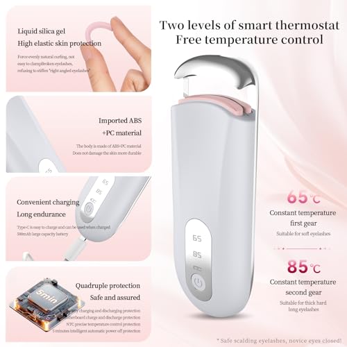 Heated Eyelash Curler for Natural Lashes 2-Level Adjustable Temperature Mini Electric Lash Curler Fast 3-Second Heat Up 24 Hours Long-Lasting Curl